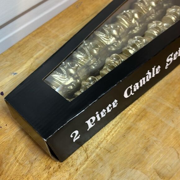 Halloween Decor Two Piece Light Gold Colored Stacked Skull Candlestick Set - Picture 3 of 7